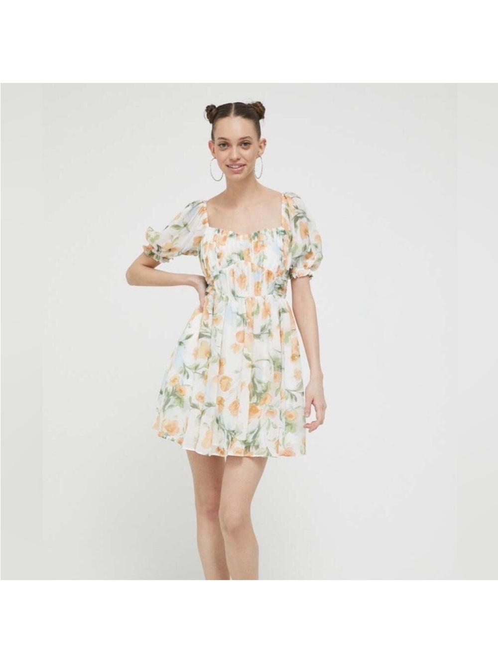 Abercrombie & Fitch M Floral Puff-Sleeve Mini Dress in Peach